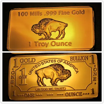 1 Тройская унция .999 24-Каратный 100-миллиметровый памятный слиток Buffalo, выпущенный ограниченным тиражом (с покрытием) в золотой оправе.