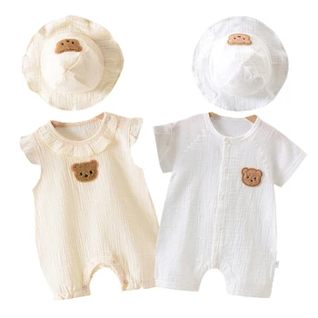 2 шт., летние комбинезоны для малышей, комплект шляп, муслиновый комбинезон с мишкой для новорожденных, одежда для мальчиков и девочек, комбинезон для малышей, одежда для младенцев