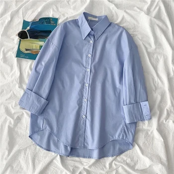 2023 Женские Весенне-осенние хлопчатобумажные рубашки, Офисная Женская блузка с длинным рукавом, однобортные шикарные топы-сорочки