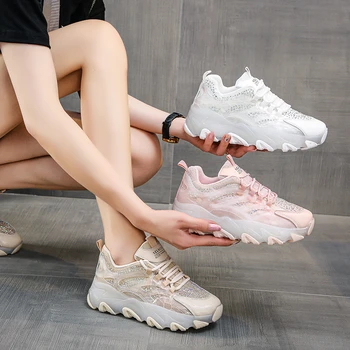 2023 Модная летняя женская спортивная обувь, дышащая комфортная Повседневная вулканизированная обувь, Новые женские кроссовки, Розово-белая женская обувь