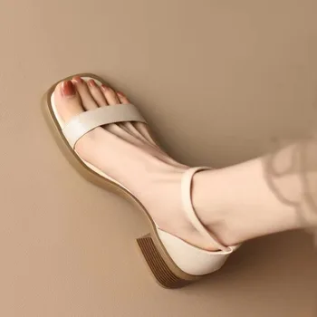 2023 Новые Женщины Сандалии Обувь Из Натуральной Кожи Лодыжки Ремень Круглый Носок Толстые Каблуки Сандалии Пряжки Ремень Леди, Обувь Летние Бежевые