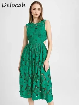 Delocah Высококачественное Летнее женское модное дизайнерское Зеленое платье с открытой спиной, с вышивкой, в стиле пэчворк, с большими размахами, без рукавов, на бретелях