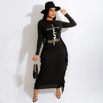 EWSFV 2022 Осенние Женщины, Новый Стиль, Без пояса, Сексуальное Модное платье с бахромой на шее, облегающее Черное платье с длинными рукавами