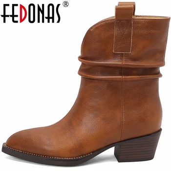 FEDONAS/ винтажные женские короткие ботинки в западном стиле, плиссированная обувь в стиле ретро, женские туфли на толстом каблуке, осень-зима, офисная леди из натуральной кожи.