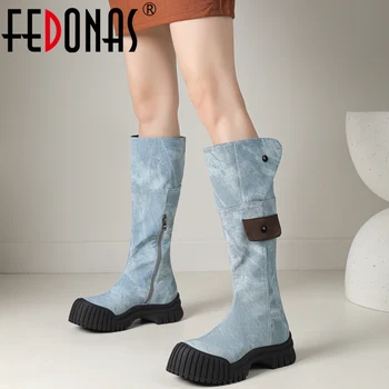 FEDONAS, Модные женские джинсовые сапоги до колена на толстом каблуке с боковой молнией, Фирменный дизайн, Повседневная обувь для вечеринок 2023, Осенне-зимняя женская обувь, Новинка