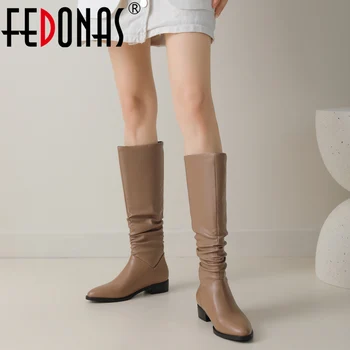 FEDONAS/ Модные плиссированные женские сапоги до колена, осень-зима, офисная женская элегантная обувь на низком каблуке из натуральной кожи, женские высокие сапоги