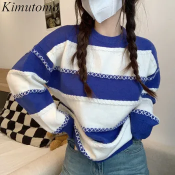 Kimutomo Элегантный Свободный жаккардовый свитер в полоску контрастного цвета, женский Нежный пуловер с круглым вырезом и длинными рукавами, простой универсальный вязаный пуловер
