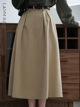 [LANMREM] Винтажные юбки с поясом для женщин, трапециевидные юбки средней длины с высокой талией, модная одежда в корейском стиле, новинка осени 2023, 26D61
