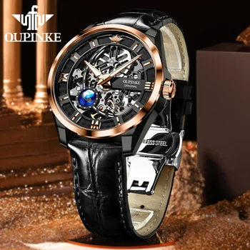 OUPINKE Мужские часы топового бренда 3D Vision с поворотным вторым циферблатом, автоматические механические часы, дизайн скелета, 50-метровый водонепроницаемый сапфир