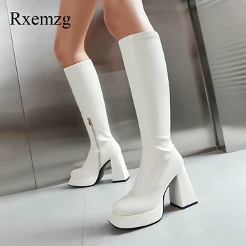 Rxemzg Модные женские сапоги до колена на платформе большого размера Осенне зимняя обувь Женские длинные сапоги с круглым носком