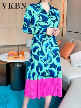 VKBN Летнее макси-платье, повседневный длинный рукав, Дизайн в стиле пэчворк, Цветочный принт, отложной воротник, вечерние платья для женщин