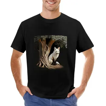 Белая лиса под деревом, футболка с замечательной наклейкой, одежда kawaii, черная футболка, черные футболки для мужчин