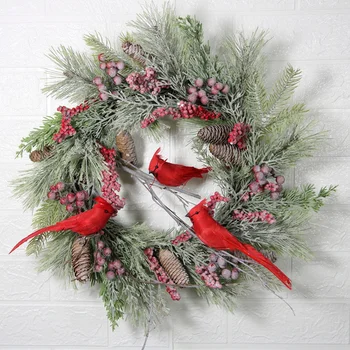 Венок из сосновых шишек с искусственным красным попугаем, украшение входной двери, Настенная гирлянда для украшения рождественской вечеринки