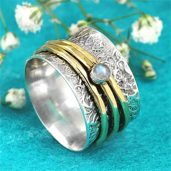 Винтажное Женское Большое Круглое кольцо-непоседа, модные кольца серебряного цвета для женщин, Очаровательное Обручальное кольцо из белого камня неправильной формы