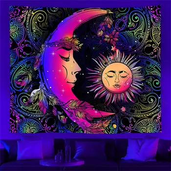 Гобелен Blacklight Sun Moon, Реагирующий на Ультрафиолетовое Излучение, Гобелен Trippy Burning Sun, Гобелен Красочный, В стиле Хиппи И Бохо, Мандала, Настенный Гобелен