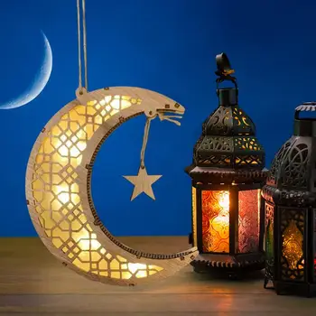 Деревянная Светодиодная Лампа В Форме Луны Eid Ramadan Mubarak С Полой Резьбой, Настенная Лунная Лампа На Батарейках, Декор для Педантов с Теплым