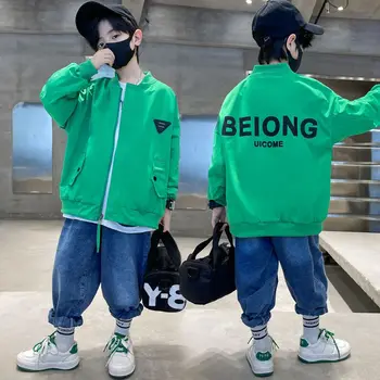 детское осеннее двустороннее пальто 2023 года, новая детская зеленая куртка, весенне-осенний тренч, модная бейсбольная одежда для мальчиков среднего роста