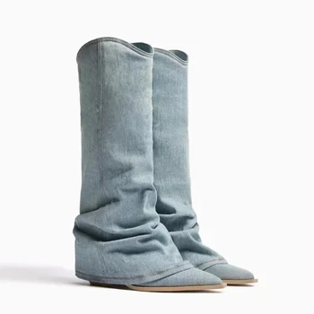 Джинсовые сапоги для женщин 2023, Осенние джинсы, ковбойские сапоги до колена, синие Длинные Botas Feminina на толстом каблуке P30D50