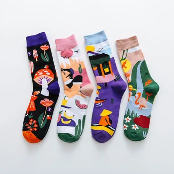 Европейские и американские модные цветные дышащие носки с принтом, впитывающие пот, для женщин с грибами, весенние женские носки