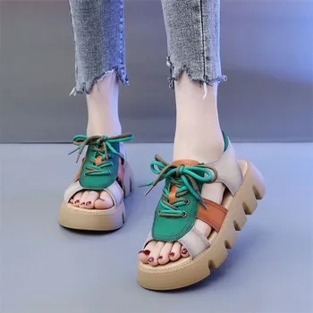 Женская обувь 2023 г., Высококачественные Летние Женские Босоножки Смешанных цветов На низком каблуке Со шнуровкой, Водонепроницаемые Zapatillas De Mujer С открытым носком