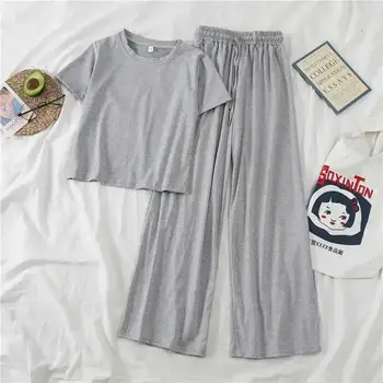 Женская хлопковая пижама из 2 предметов, пижама свободного кроя, пижама с длинными рукавами, повседневный домашний комплект