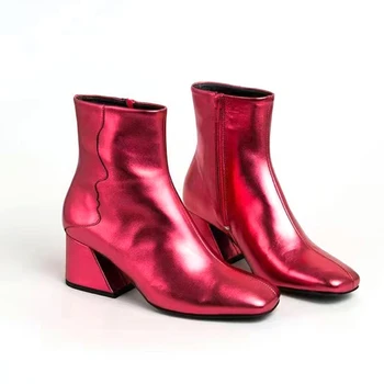 Женские ботильоны из натуральной кожи, красные, синие Модные вечерние туфли, женские туфли-лодочки на высоком каблуке, обувь для танцев, сапоги