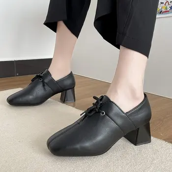 Женские лоферы на толстом каблуке со шнуровкой, туфли на плоской подошве с квадратным носком, Повседневные простые женские тонкие туфли на высоком каблуке со шнуровкой