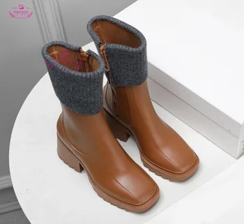 Женские непромокаемые ботинки интернет-знаменитостей 2023 года, новая модная верхняя одежда, водонепроницаемые ботинки, трубка с квадратным носком, толстая подошва, молния сбоку, толстый каблук