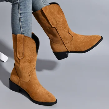 Женские сапоги в стиле вестерн Cowboy Cowgirl с вышивкой, осенние модные ботинки с острым носком на каблуке до середины икры, обувь Bota De Vaqueiro
