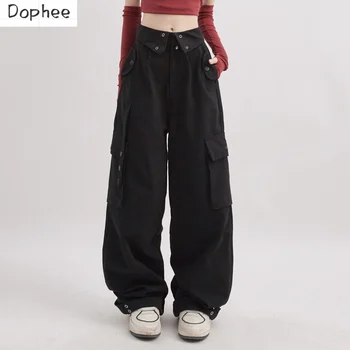 Женские черные брюки-карго Dophee, новые осенние прямые брюки с карманами и высокой талией, свободные повседневные комбинезоны Spice Girls