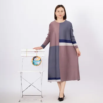 Женское плиссированное платье Miyake, осень 2023, Новая Цветовая гамма, расшитая бисером одежда, круглый вырез, длинный рукав, Модное Свободное платье средней длины
