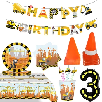 Инженерные транспортные Средства, посуда для вечеринок, тарелки для чашек, строительный грузовик, тарелка для чашек, воздушный шар, украшение для вечеринки по случаю Дня рождения для мальчиков