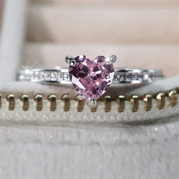 Классические кольца с розовым цирконом в виде сердца Для женщин Серебристого цвета из металла в минималистичном стиле для новобрачных Обручальные кольца Обручальное кольцо Подарки на день рождения