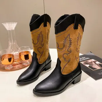 Ковбойские сапоги на толстом каблуке в западном стиле, женские вышитые полусапожки из черной кожи разных цветов, зимние дизайнерские ботинки, новинка
