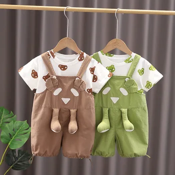 Комбинезон с короткими рукавами для мальчиков и девочек с изображением медведя из 3D-мультфильмов, летняя детская одежда для малышей 0-4 лет, 100% Хлопок