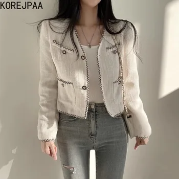 Корейская женская куртка Korejpaa, Корейская шикарная осенняя одежда с V-образным вырезом и двумя пуговицами, осенне-зимняя Женская повседневная короткая куртка из твида с длинными рукавами