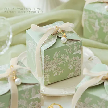 Коробки конфет для свадебной вечеринки в стиле ретро, подарочные коробки из бумаги с цветочным принтом и бантом из жемчужной ленты, коробки для упаковки подарков на свадьбу, День рождения, для детей
