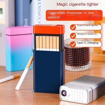 Креативная волшебная коробка для сигарет, двухдуговая USB-импульсная зажигалка, грубая сигарета, 20 пачек сигарет Исчезнут, игрушечная коробка для сигарет