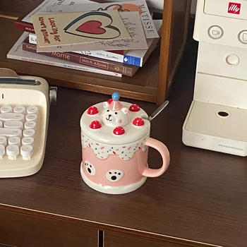 Кружка с розовым медведем С крышкой, Милая подарочная коробка для холодного кофе, чтобы отправить друзьям Подарок подругам На День рождения, Практичный для девочек