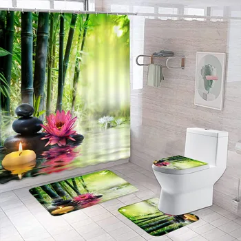 Крючок для занавески для душа с 3D рисунком зеленого бамбука и цветочной гальки, Зеленый растительный пейзаж, Занавески для ванны, Нескользящий коврик для ванны, крышка коврика