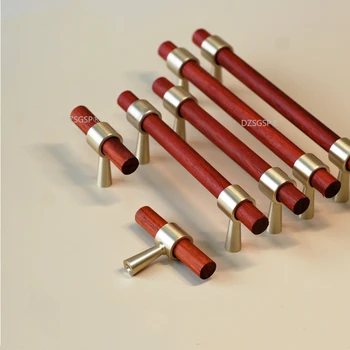 Легкие Роскошные латунные дверные ручки с Т-образной планкой, Мебельные Деревянные ручки для выдвижных ящиков + Ручки кухонных шкафов из массива розового дерева