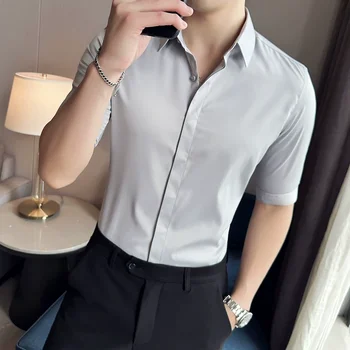 Летние мужские рубашки с коротким рукавом из тонкого шелка Ice, приталенный крой спереди, рубашка со средним рукавом, Официальные деловые повседневные топы и футболки