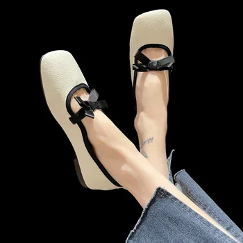 Летние Удобные сандалии на мягкой подошве с квадратным носком, украшенные бантом, Новые элегантные повседневные женские туфли на плоской подошве Zapatos Mujer