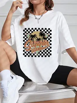 Лето 2023, Пляжная черная решетчатая женская футболка Coconut Tree, Модная футболка оверсайз, Хлопковые уличные футболки, Дышащие летние топы