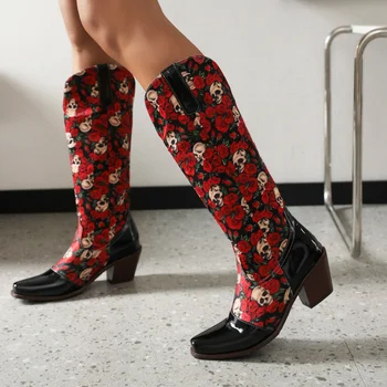 Лоскутные ботинки из лакированной кожи до середины икры с цветочным принтом в стиле ретро, женские вечерние туфли V-образной формы без застежки на высоком каблуке для женщин