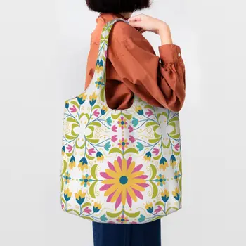 Мексиканская вышивка Отоми с цветочным узором, холщовые сумки для покупок, многоразовые бакалейные товары, народная цветочная текстура, сумки-тоут для покупателей