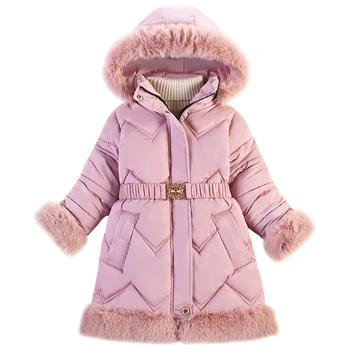 Меховая куртка для девочек, зимнее теплое пальто с флисовой подкладкой с капюшоном и поясом, Ветрозащитная бархатная толстая детская верхняя одежда, пальто для подростков