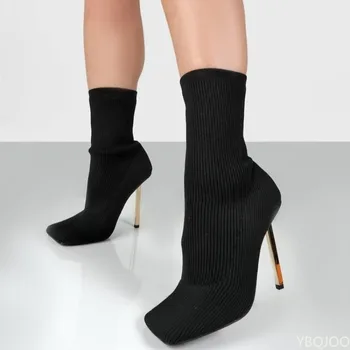 Модные Вязаные эластичные туфли на высоком каблуке для женщин, модная обувь, весенне-зимние ботильоны, пинетки 2023, модные сексуальные ботинки с обтягивающим носком,
