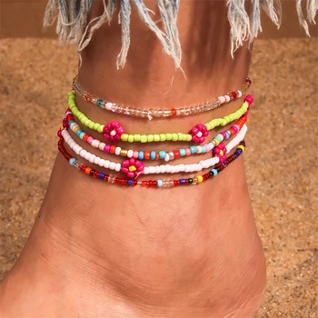 Модные Женские ножные браслеты из цветочных бусин ручной работы, летний пляжный браслет на лодыжке, цепочка для ног, праздничные украшения для девочек, подарки