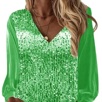 Модный женский Новый Пуловер с V-образным вырезом и длинным рукавом, Свободная футболка с блестками, Элегантная женская Весенне-осенняя Зеленая рубашка для отдыха
